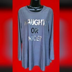 New Directions Womens M Naughty Or Nice Sequin Accent Gray Knit Tunic Top READ